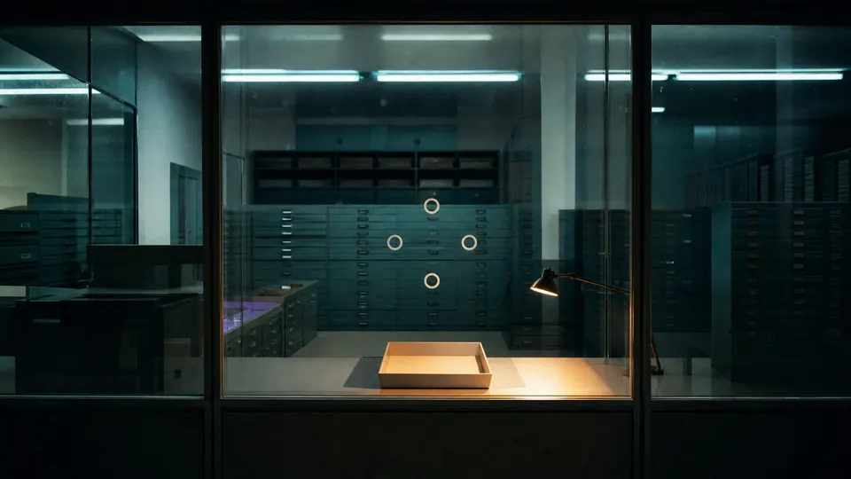 An ordered institutional archive contains one illuminated but empty intake tray behind a modern glass partition.